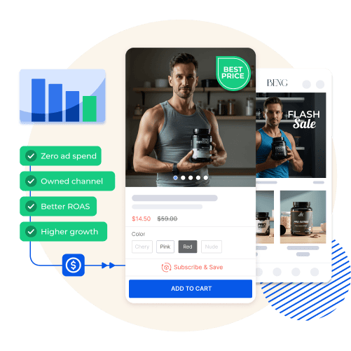 Mobile app product page with a fitness supplement and flash sale banners, highlighting zero ad spend and direct customer engagement.