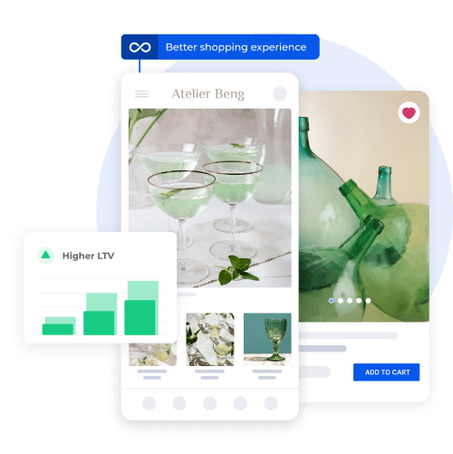 Mobile app screen displaying elegant glassware with a chart showing higher customer lifetime value.