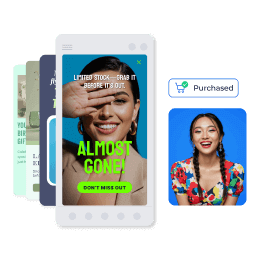 mobile app campaign showing limited stock offer leading to a happy customer that purchased