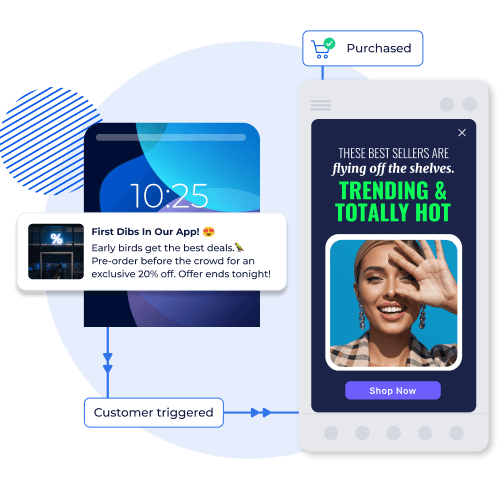 mobile app screen with a push notification that triggers the customer to open the app and a mobile app screen with an-app campaign that converts the customer