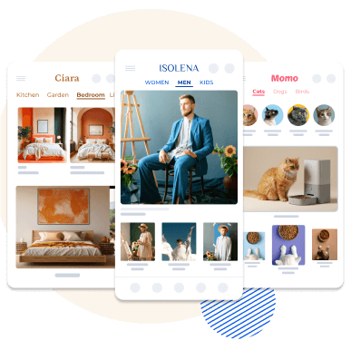 Three mobile app screens showcasing home decor, fashion, and pet products, highlighting diverse product categories and targeted layouts build with multiple showcase feature of Shopney.