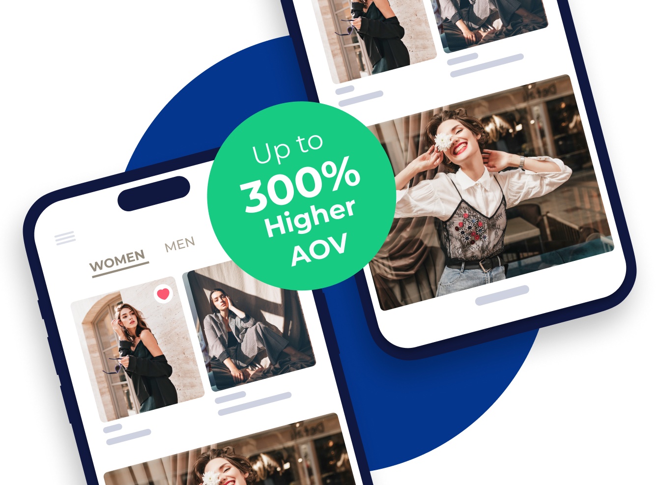 Example of Shopney Mobile app showcasing product listings with a badge highlighting 'Up to 300% Higher AOV'.