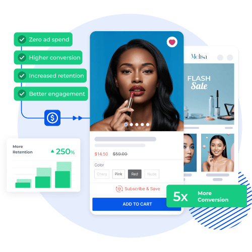 Example of a Shopney mobile app product detail and homepage, showing personalized product promotion with increased retention, conversion, and engagement metrics.