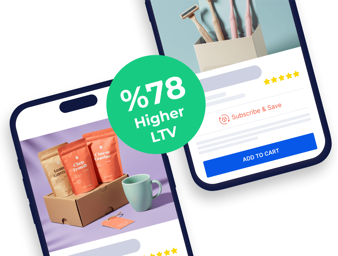 Mobile screens showing subscription products with a '78% Higher LTV' badge, highlighting the value of app-based subscriptions.