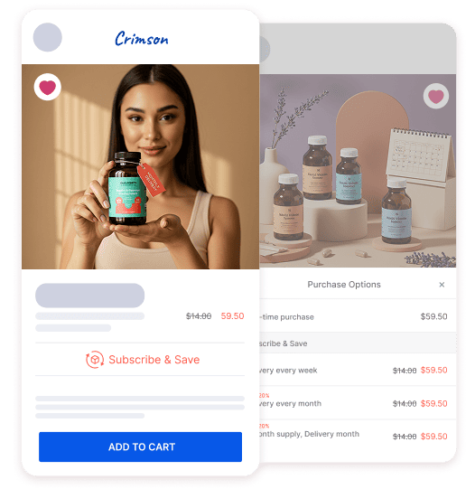 Mobile app screen featuring a woman presenting a subscription product with discounted prices and purchase options.