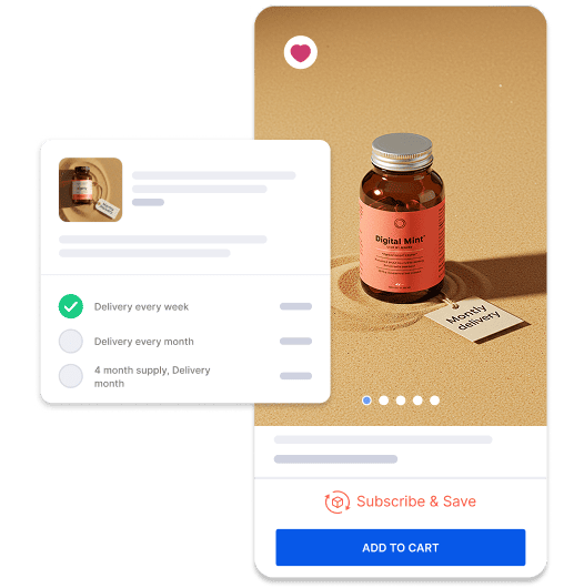 Mobile app screen showing supplement product with flexible subscription options like weekly, monthly, or bulk delivery.