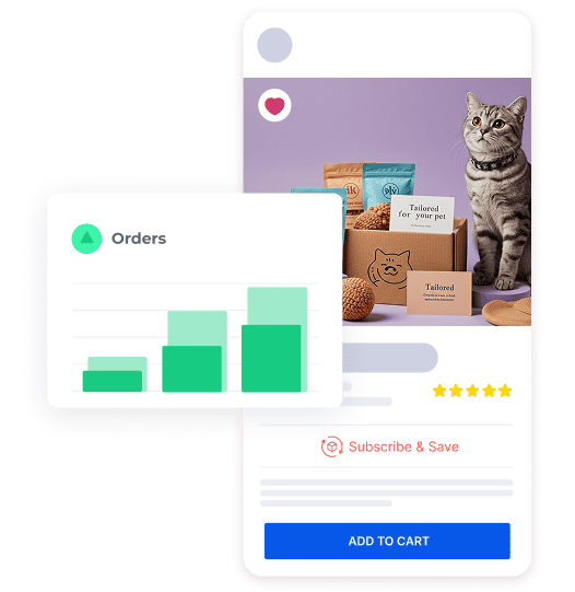 Mobile app screen displaying pet food subscriptions with an analytics graph showing increased orders and growth.