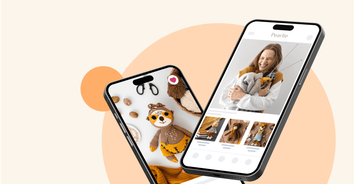 Two smartphones showcasing the Pearlie arts and crafts mobile app featuring handmade plush toys and creative items.