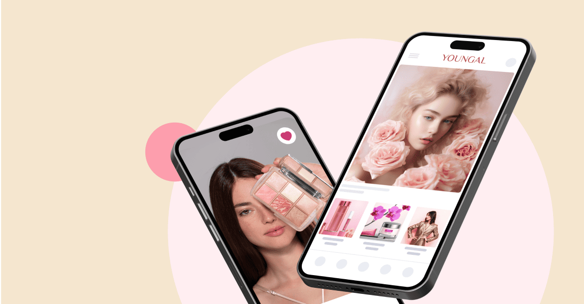 Two smartphones showcasing the Youngal beauty mobile app featuring cosmetic products and floral-themed branding.