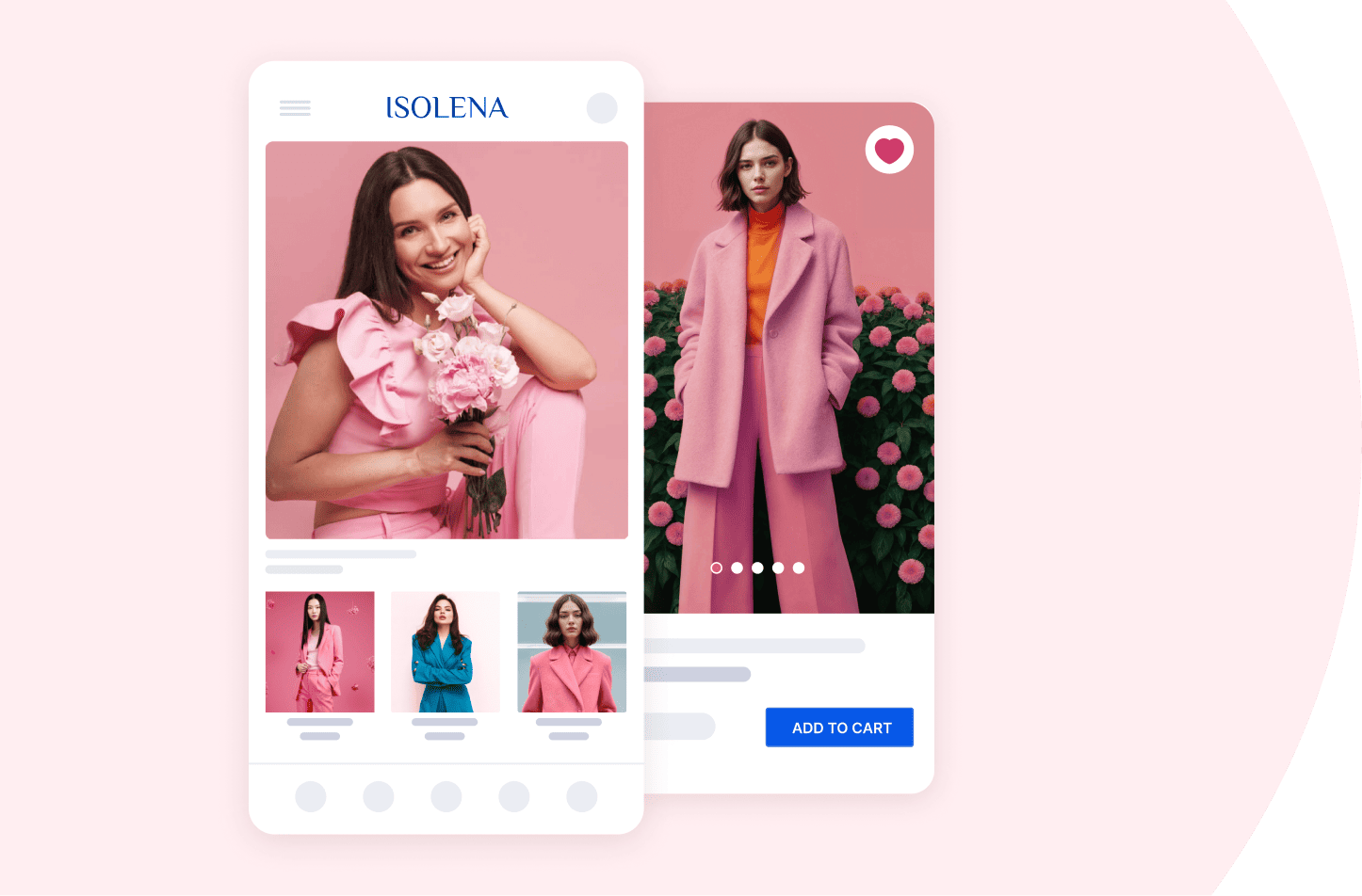 Two smartphones displaying the Isolena fashion mobile app featuring stylish pink-themed clothing collections.