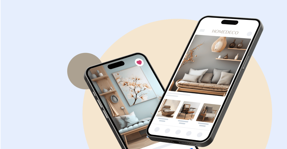 Two smartphones highlighting the Homedeco mobile app with beautifully arranged home decor and furniture products