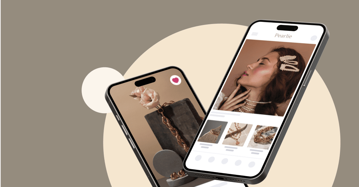 Two smartphones displaying the Pearlie jewelry mobile app with product pages showcasing elegant necklaces and pearls.