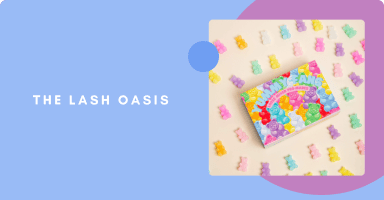 A playful lash product kit with pastel tones, showcasing The Lash Oasis, a Shopify beauty brand.