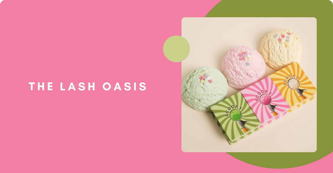 A colorful gummy-themed box of mixed pro-made lashes, representing The Lash Oasis, a Shopify beauty brand