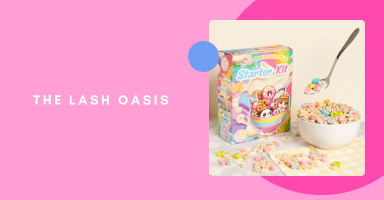 A colorful lash starter kit displayed with cereal-like packaging, representing The Lash Oasis, a Shopify beauty brand.