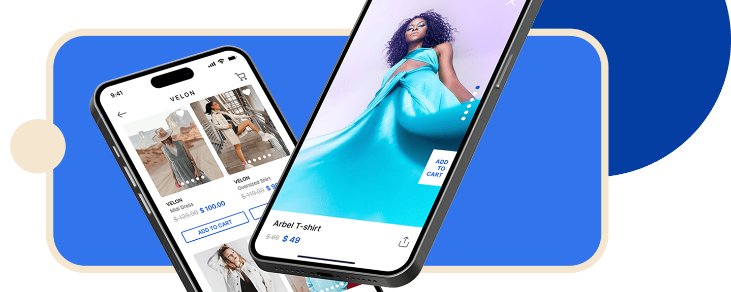 Two smartphones displaying a fashion shopping mobile app with product listings and 'Add to Cart' buttons.