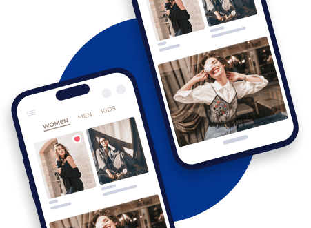 Two mobile screens showcasing a stylish fashion app layout with product images and category tabs.