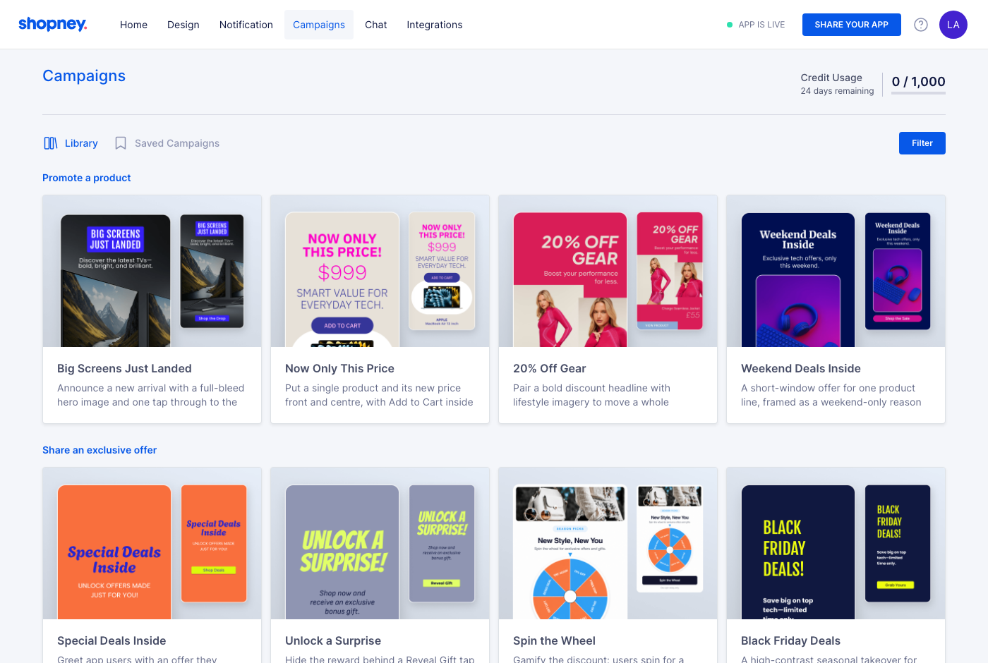 Shopney dashboard campaigns library: ready-made in-app campaign templates grouped by goal, such as promoting a product or sharing an exclusive offer