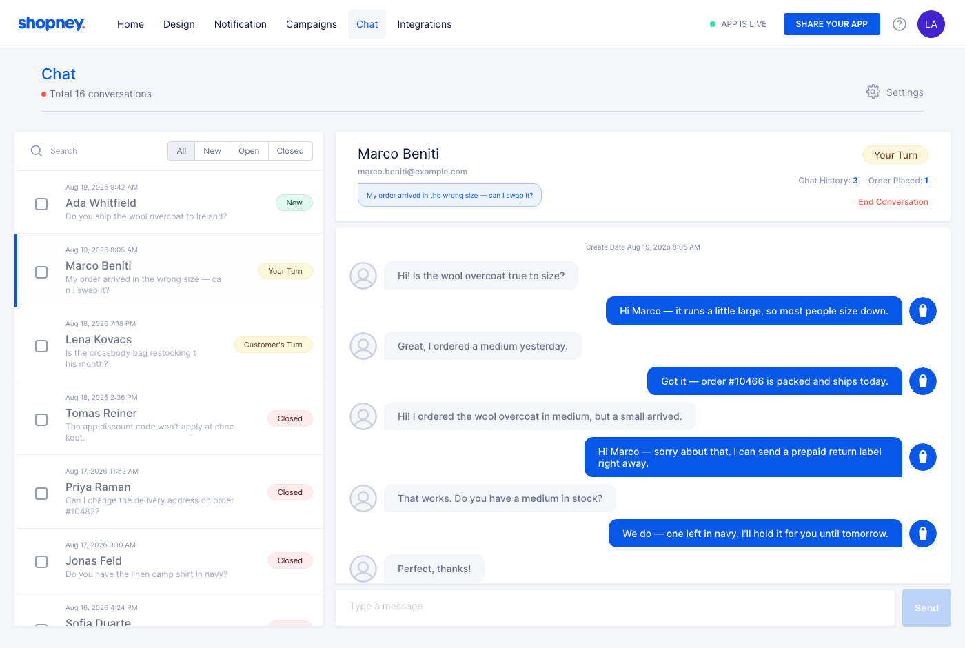 Shopney dashboard chat screen: a list of customer conversations on the left and an open conversation thread with a reply box on the right