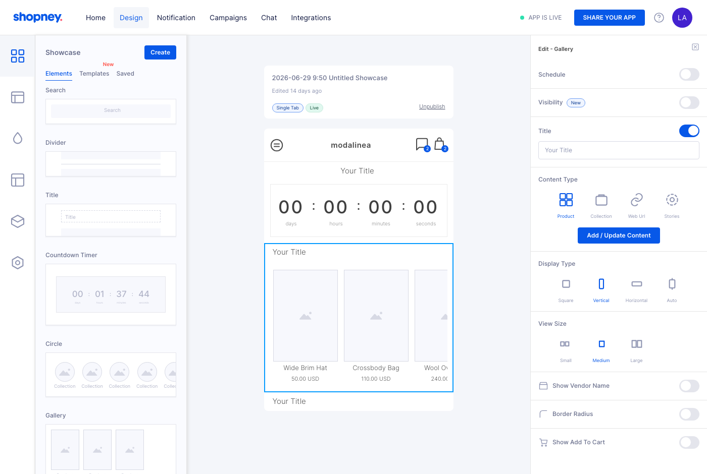 Shopney dashboard design editor: an element library on the left, a live phone preview of the app home screen in the centre, and gallery settings on the right
