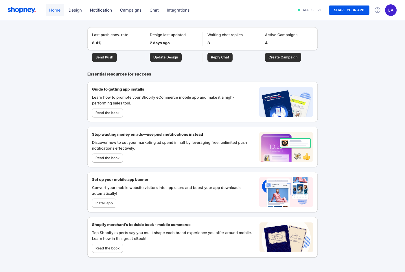 Shopney dashboard home screen: last push conversion rate, design and chat status, active campaigns, and a list of merchant resources