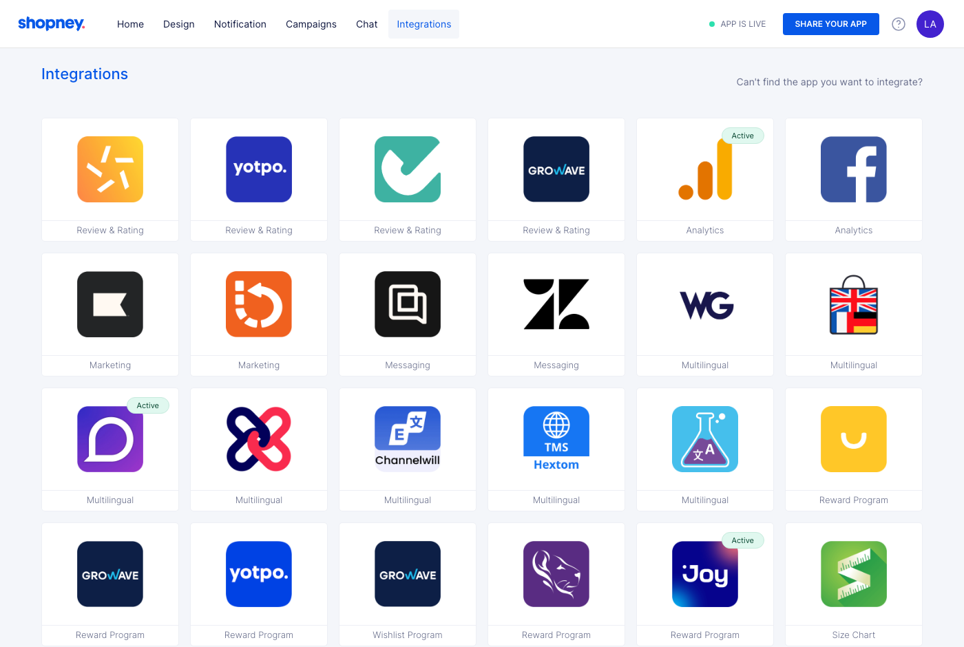 Shopney dashboard integrations screen: a grid of Shopify apps that connect to Shopney, grouped by category such as reviews, analytics and multilingual
