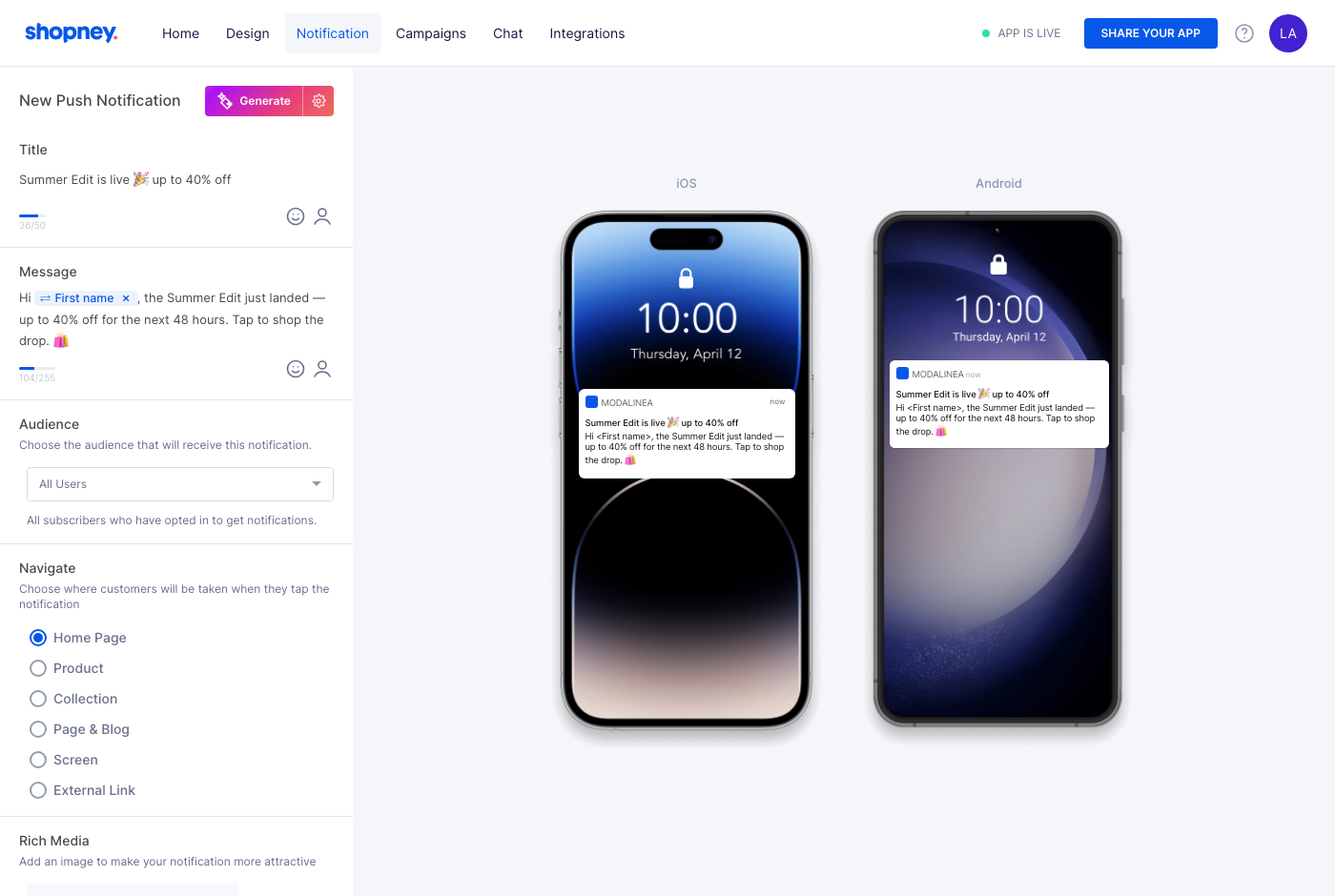Shopney dashboard push notification composer: title, message, audience and navigation fields on the left, with iOS and Android lock screen previews