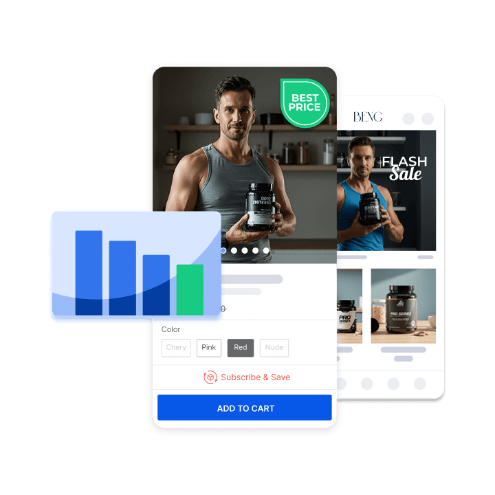 Mobile shopping app showing fitness product, discount badge, and analytics