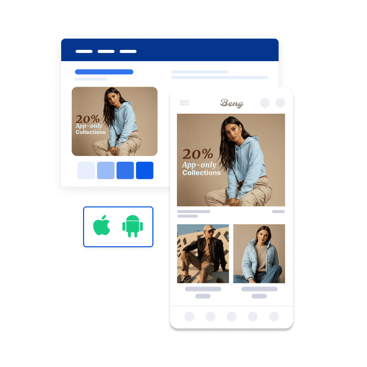 Mobile app and web layout showing fashion collection with app-only offer