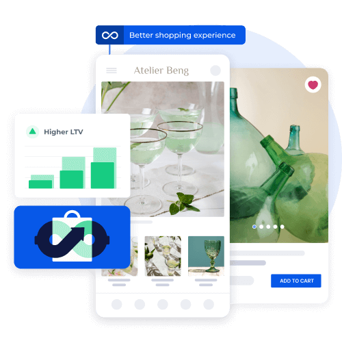 Mobile app screen displaying elegant glassware with a chart showing higher customer lifetime value.