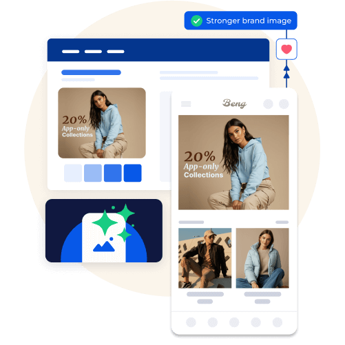 Side-by-side view of a website and mobile app showing a fashion product with 20% app-only discount, highlighting brand consistency.