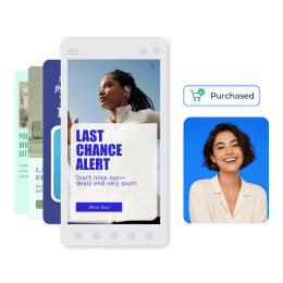 mobile app campaign showing limited stock offer leading to a happy customer that purchased