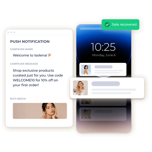 a push notification creation on Shopney dashboard and the way it looks on the phone screen