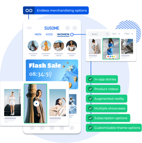 product detail page of a shopney mobile app and a happy customer