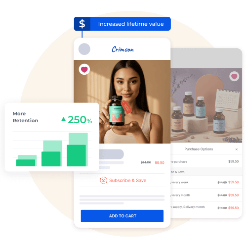 Shopney mobile app screen displaying a supplement subscription with an increase in customer retention and lifetime value through 'Subscribe & Save' options.