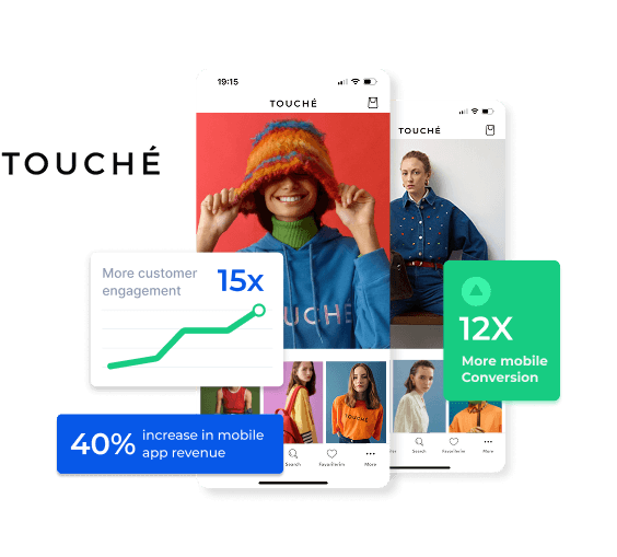 2 mobile app screenshots of Touche's mobile app with also data related to the success they had with it in terms of customer engagement, conversion and mobile app revenue