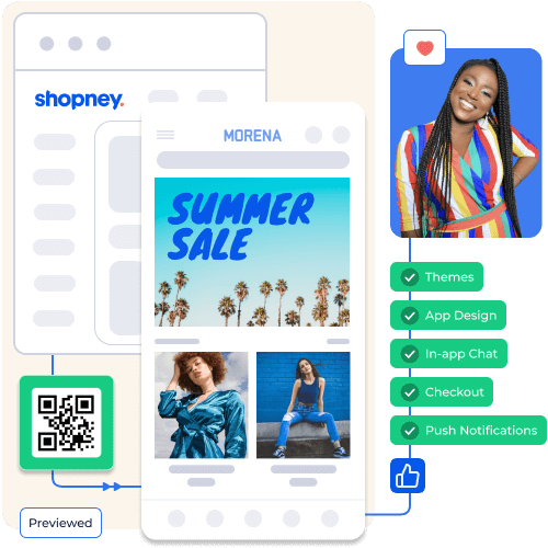 turning a Shopify store into a mobile app is shown and app features are listed