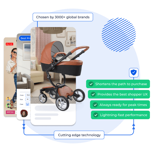 Shopney mobile tech visual showing app screens with a stroller product and badges for speed, UX, and performance.