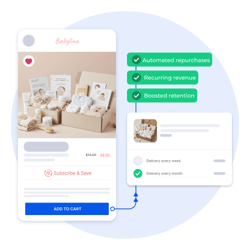 Example of a Shopney mobile app PDP screen showing subscription options for a baby and kids product, displaying automated repurchases, recurring revenue, and boosted retention benefits.
