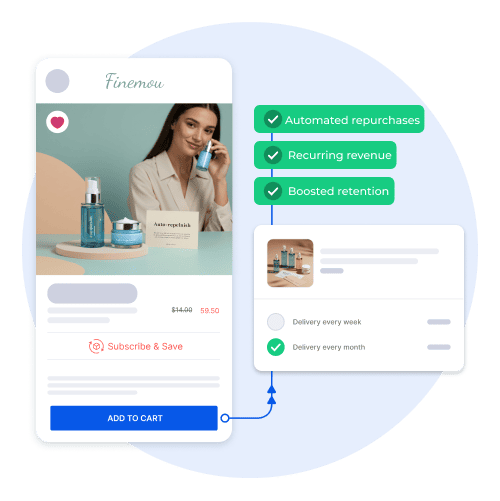 Example of a Shopney mobile app PDP screen showing subscription options for a beauty and cosmetics product, displaying automated repurchases, recurring revenue, and boosted retention benefits.