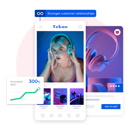 Mobile app for electronics showcasing headphones, boosting customer relationships and achieving 300% increased average order value (AOV).