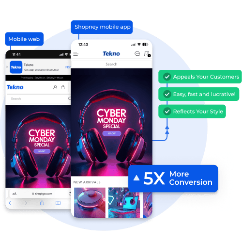 Showcasing a Cyber Monday campaign on the Tekno mobile app with vibrant visuals and personalized design, offering an easy and lucrative shopping experience for customers, leading to 5x more conversions.