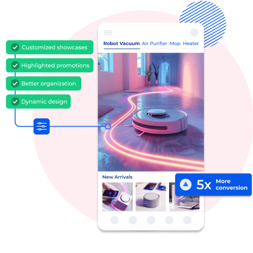 Dynamic and visually captivating mobile app interface showcasing smart home gadgets, featuring customized showcases, highlighted promotions, and better organization, resulting in 5x more conversions.