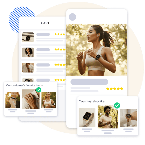 Mobile app showcasing personalized product recommendations for a fitness and lifestyle brand, including customer favorites and related items like smartwatches and fitness gear, enhancing the shopping experience.
