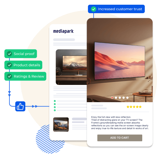 Smart TV product page on a mobile app with ratings, detailed reviews, and social proof badges enhancing customer trust.