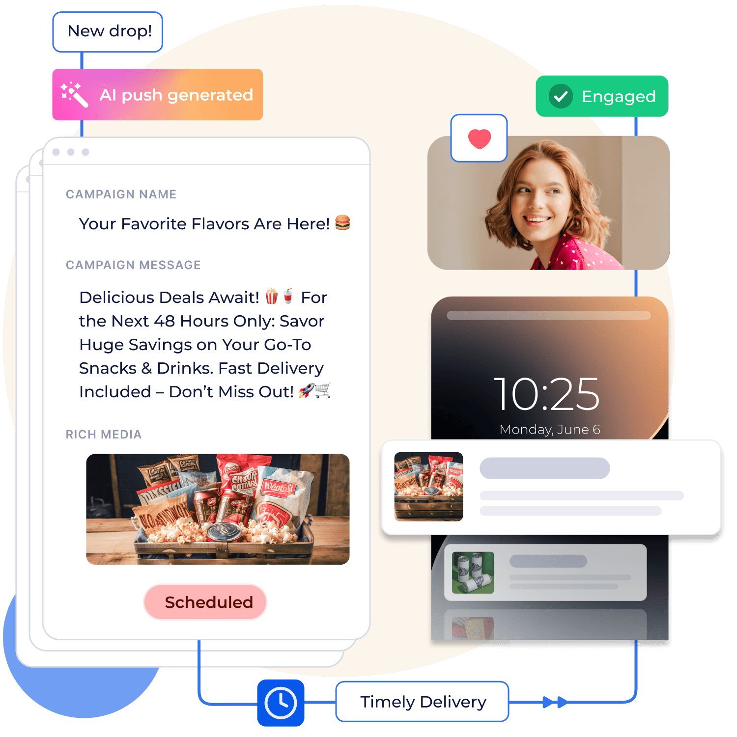 Push notification campaign promoting snacks and drinks with timely delivery and increased engagement.