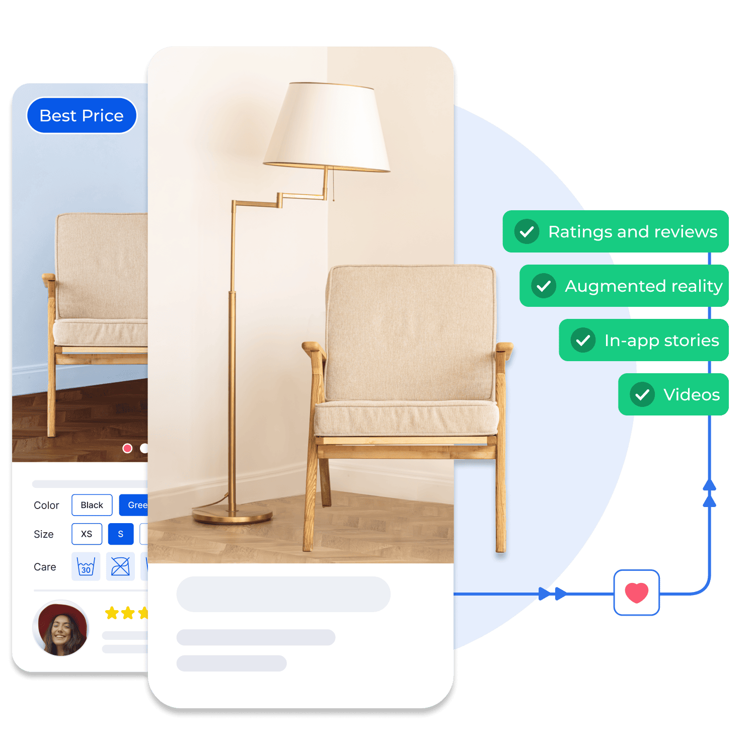Mobile app showcasing a stylish chair with features like videos, in-app stories, augmented reality, and customer ratings to enhance the shopping experience and drive engagement.