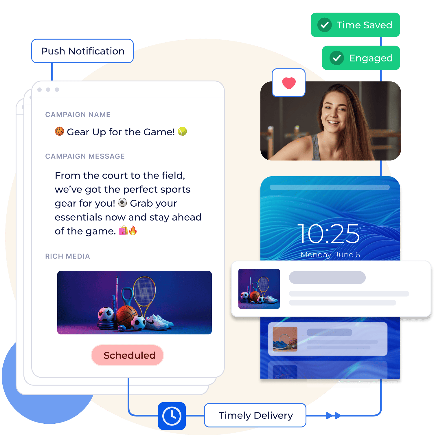 Push notification campaign promoting sports gear, highlighting timely delivery, customer engagement, and featuring essentials like tennis rackets and soccer balls.