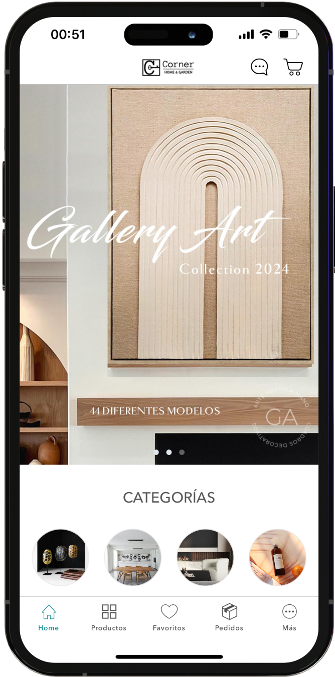 Página móvil de la app Corner Home