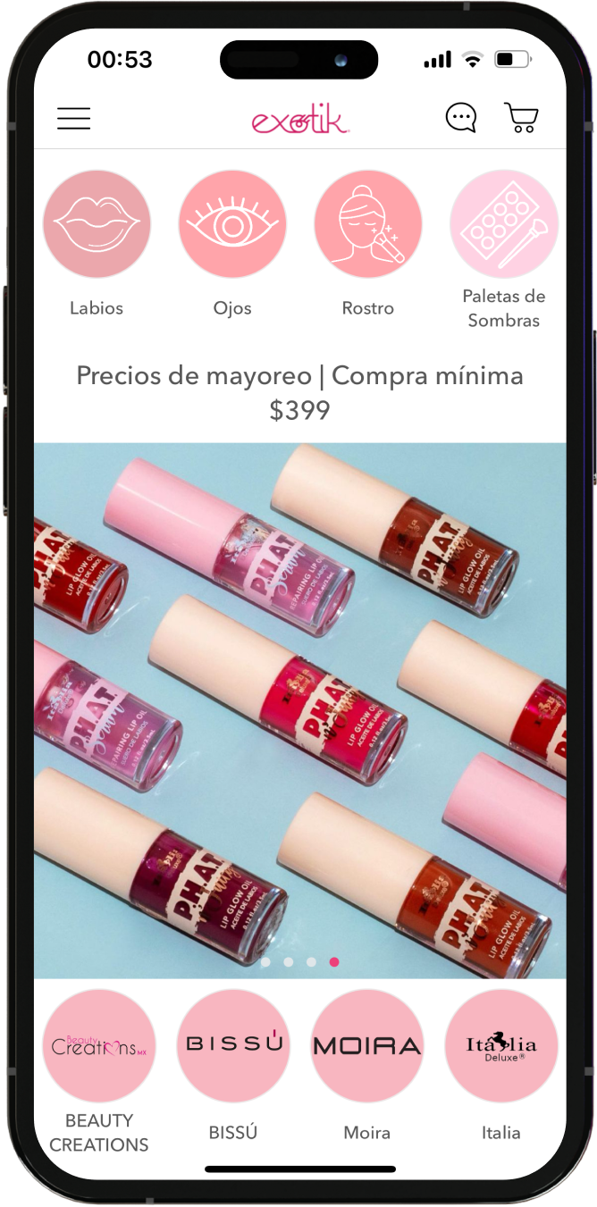 Página móvil de la app Exotik
